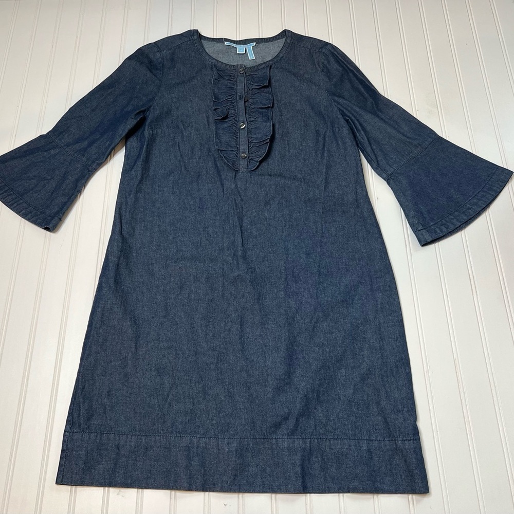 Draper James Blue Denim Chambray Shift Dress Ruffle 8. 1357 - Picture 3 of 5